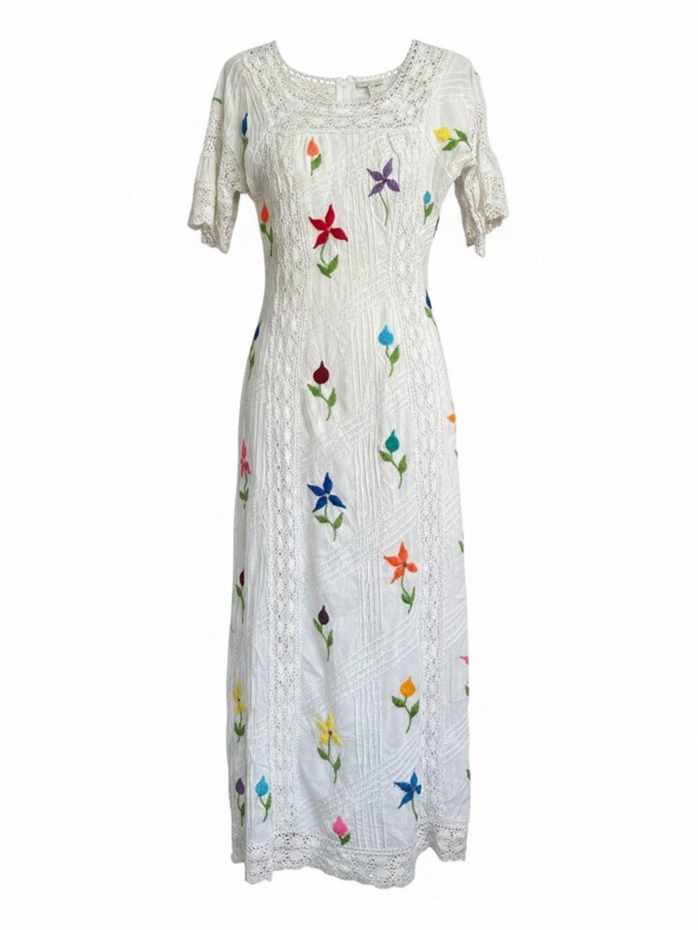 Vintage 1970's Mexican Wedding Dress - Floral Hand Embroidered Maxi